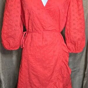 GAP Coral Eyelet Wrap Dress with Puff Sleeves LT large
